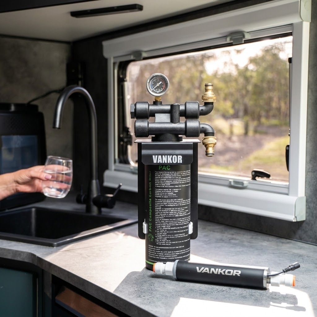 Caravan water filter and UV-C steriliser fitted together — two-stage system for safe tank water