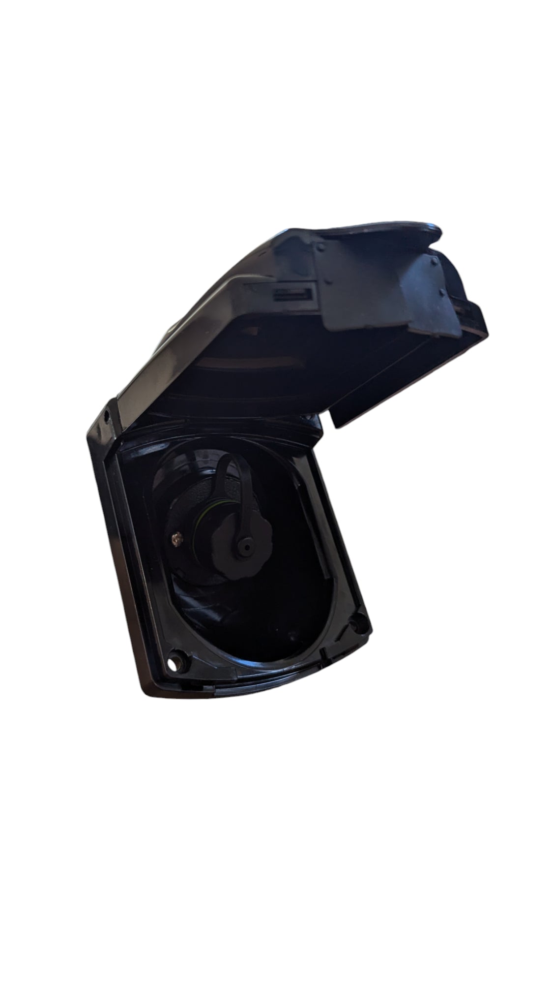 Black weatherproof Starlink wall outlet with the flip-up cover open