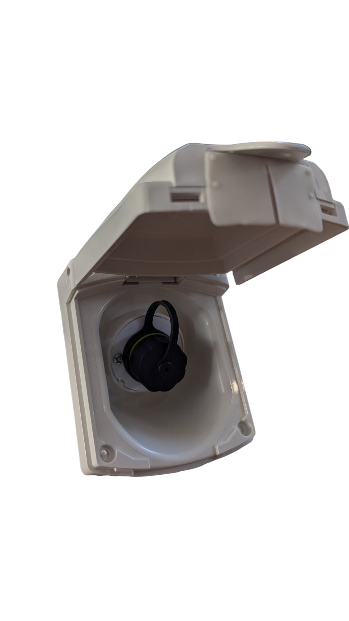 White weatherproof Starlink wall outlet with the flip-up cover open, showing the cable socket
