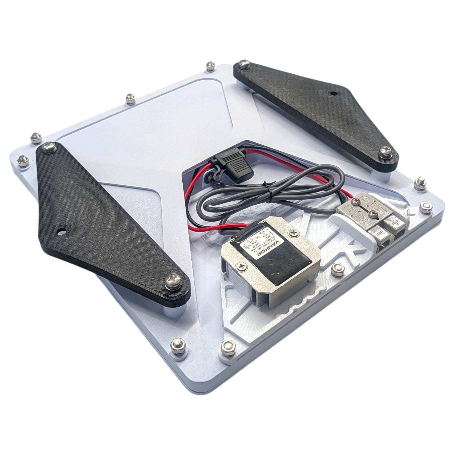 Starlink Mini Roof Rack Mount — converter variant showing integrated 12V DC converter with Anderson plug and 3d printed PETG CF brackets