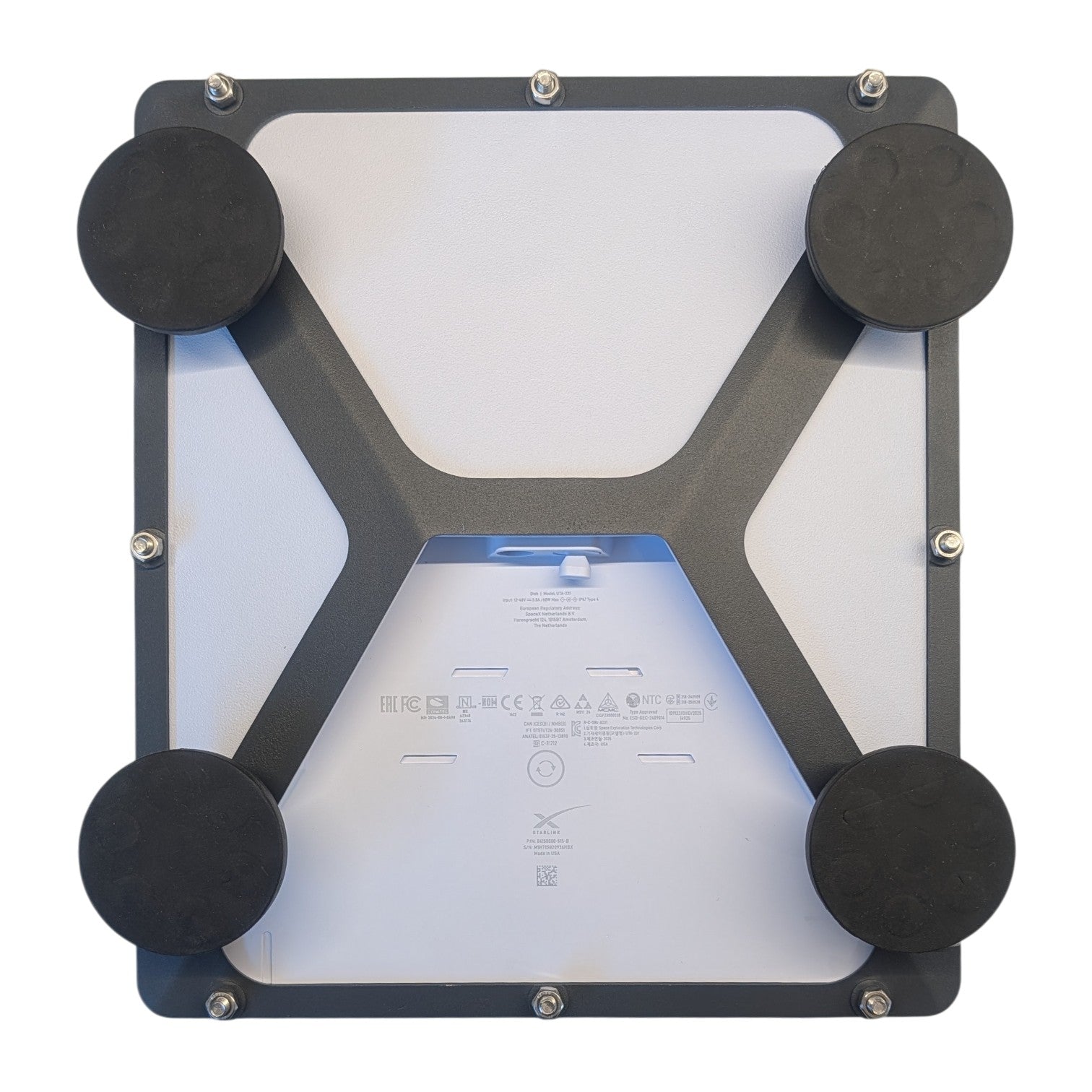 Starlink Mini Roof Rack Mount — underside view showing Starlink Mini dish seated in aluminium frame with rubber mounting feet
