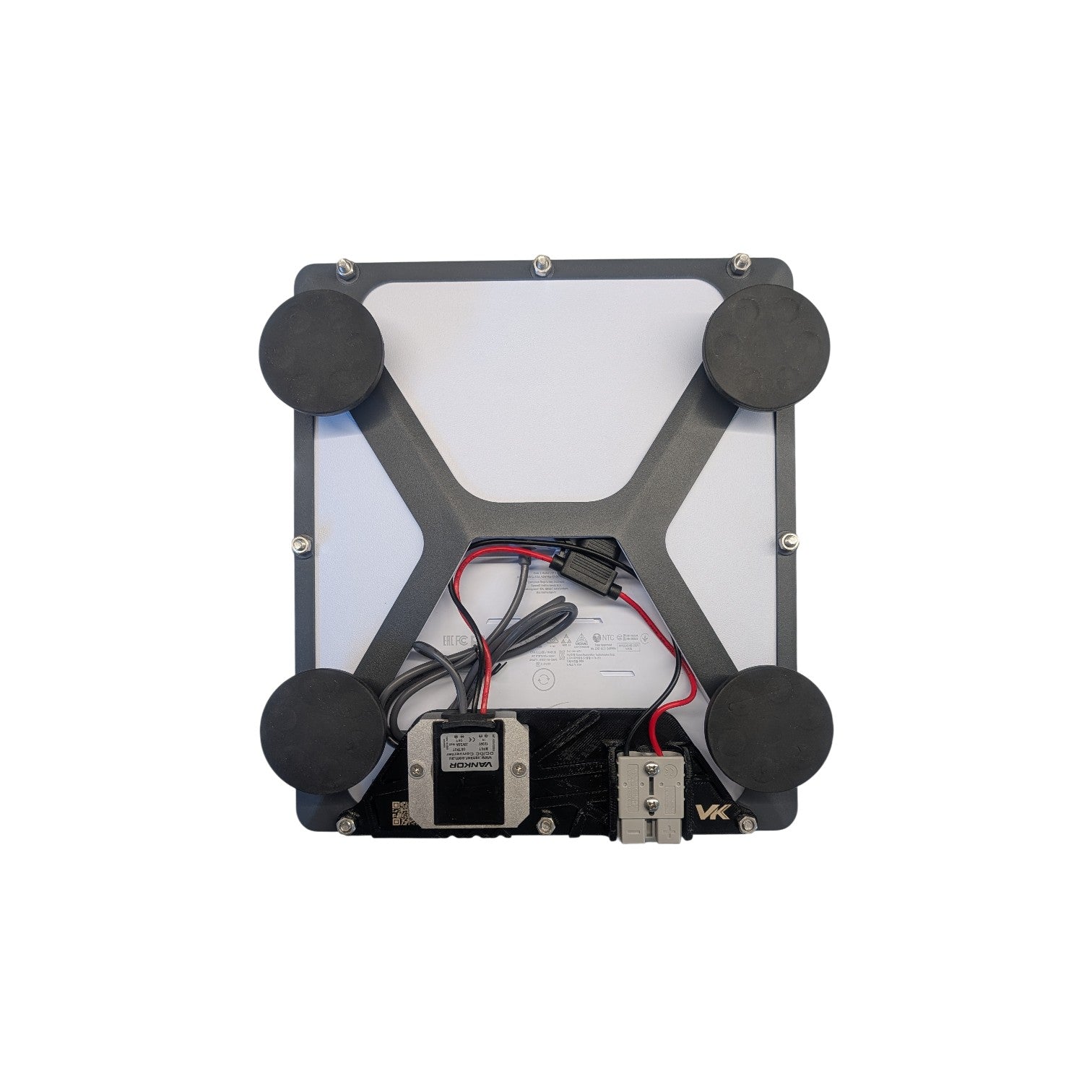 Starlink Mini Roof Rack Mount — underside view showing integrated 12V DC converter with Anderson plug and cable routing