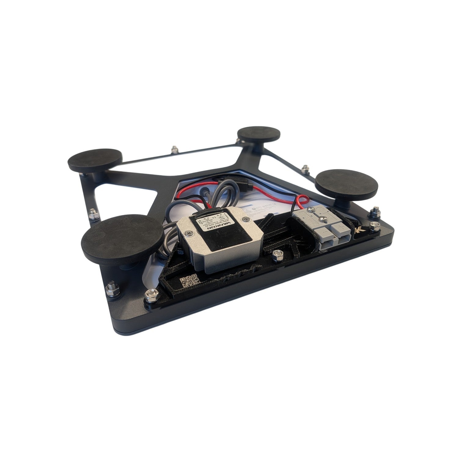 Starlink Mini Roof Rack Mount — rear view showing integrated 12V DC converter with Anderson plug and cable routing