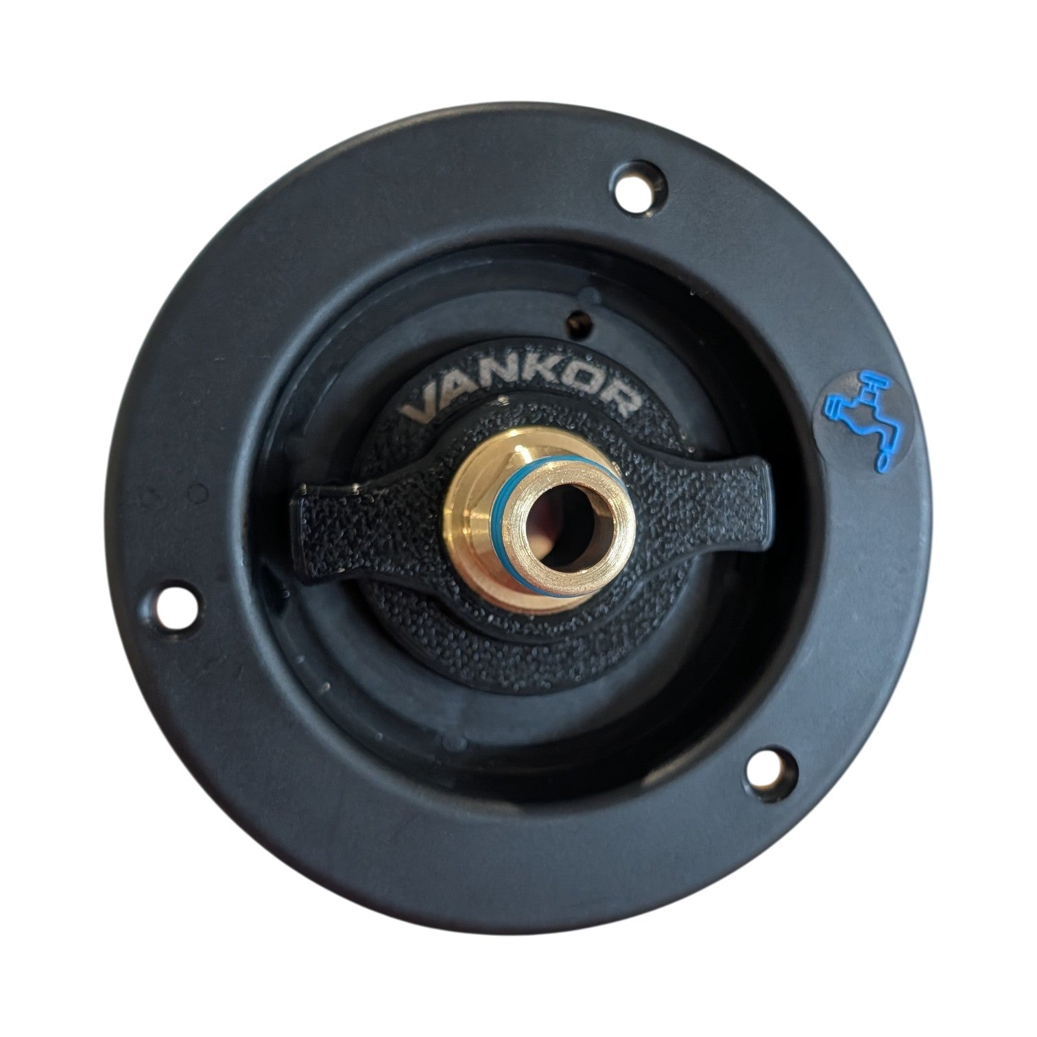 VANKOR Fiamma-style water filler adapter fitted to a caravan gravity inlet
