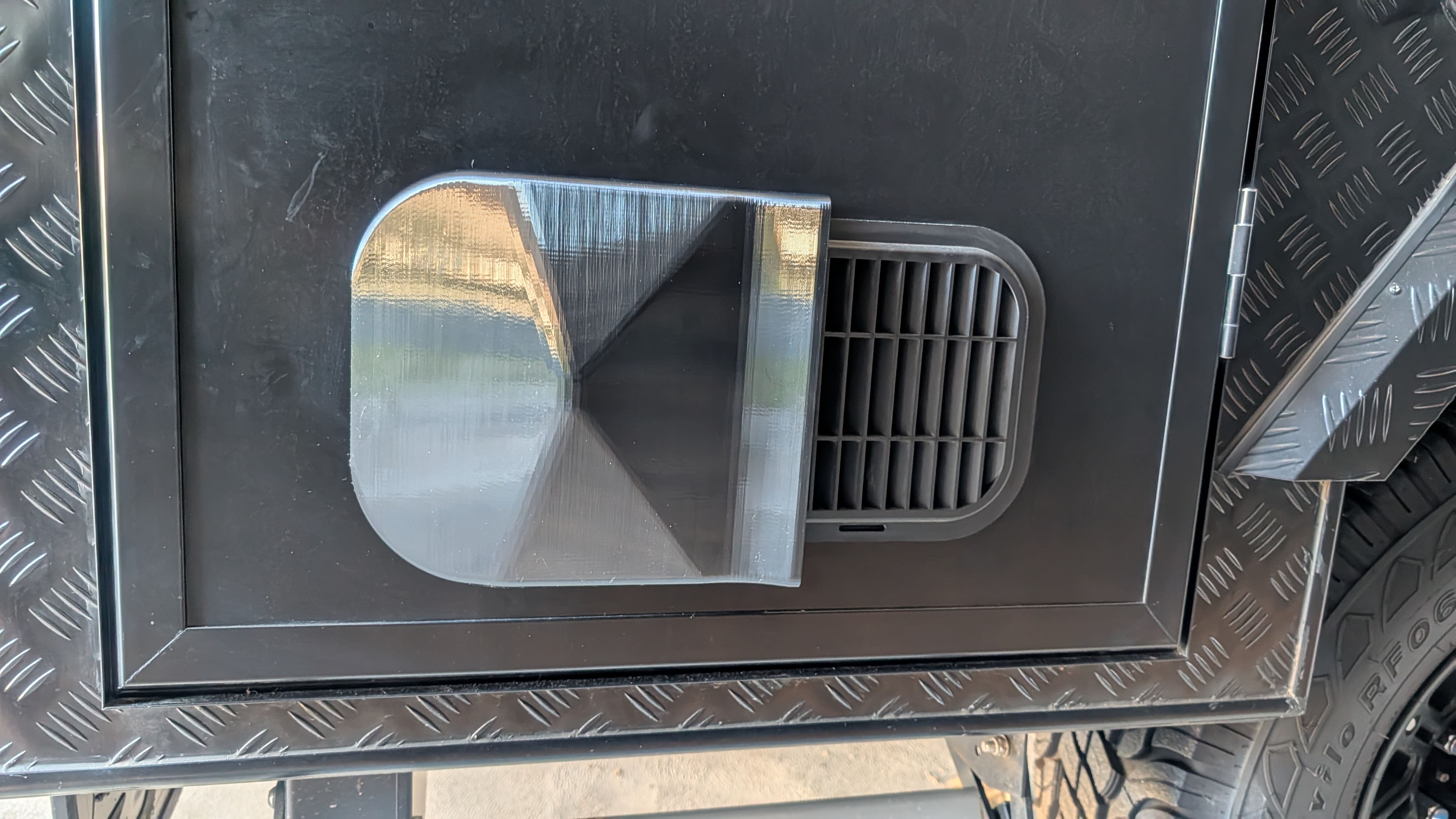 Vankor 3D-printed caravan vent door cover, 240mm long, made in Australia