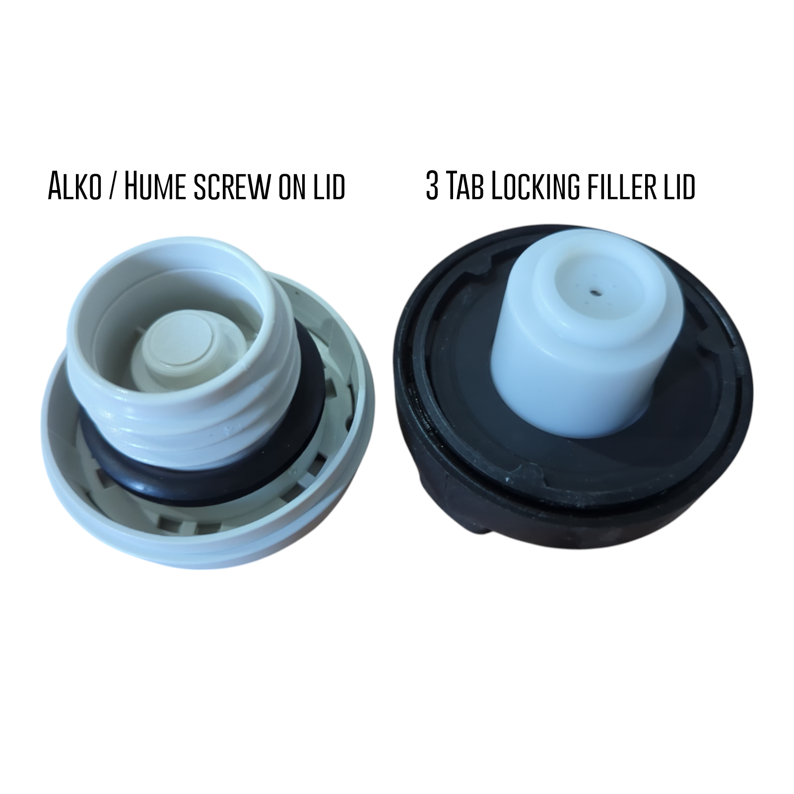 AL-KO/Hume screw-on filler lid next to a 3-tab locking filler lid, for checking your inlet type