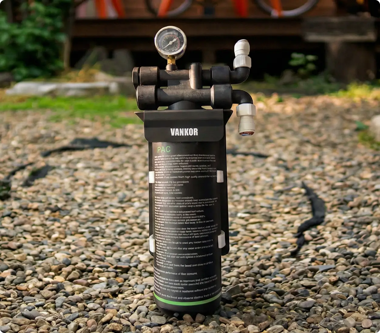 VANKOR Pro Flow 12 — water filter housing with pressure gauge, PAC carbon cartridge, and push-fit connectors