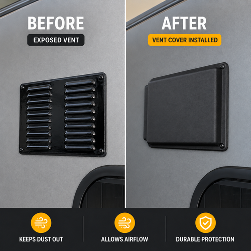 VANKOR caravan vent cover in matte black — pressed aluminium, 225 x 150mm