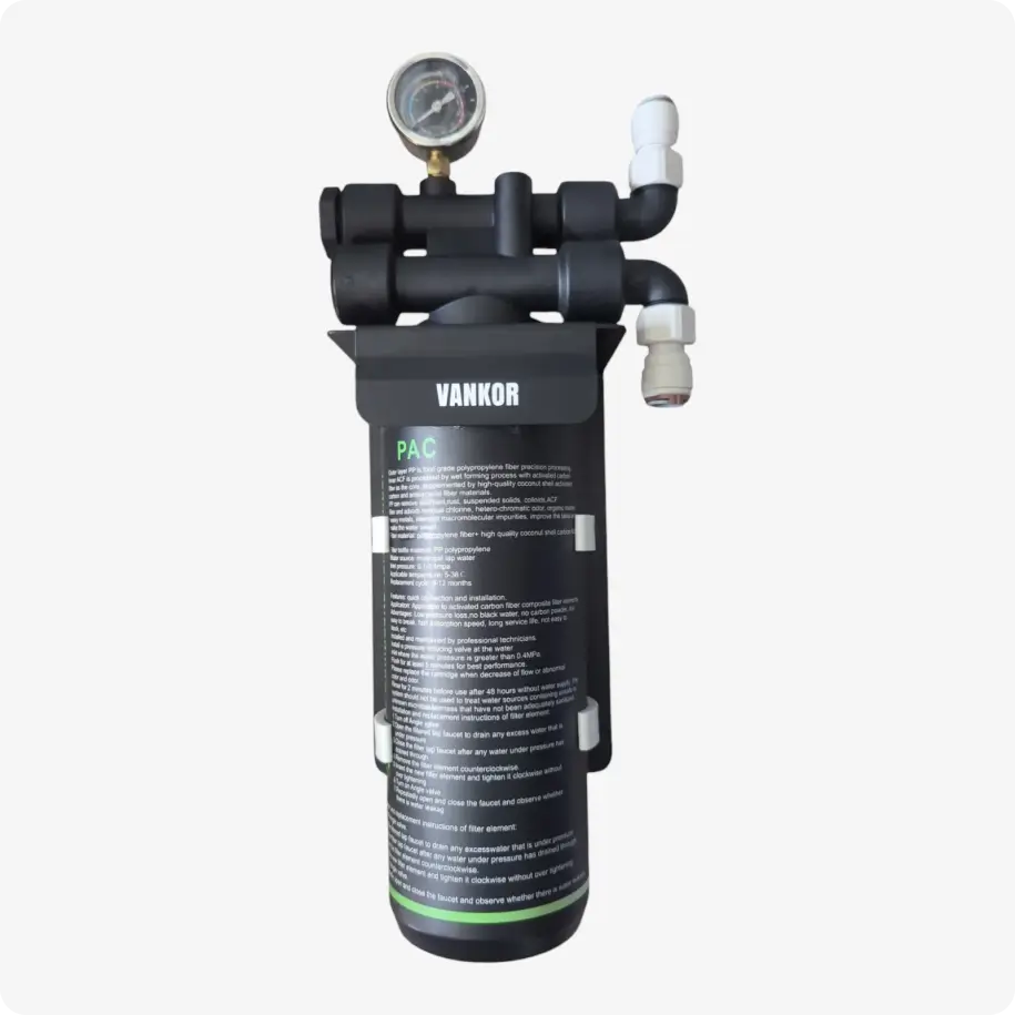 VANKOR Pro Flow 12 — water filter housing with pressure gauge, PAC carbon cartridge, and push-fit connectors
