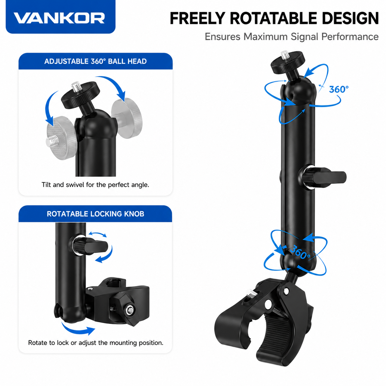 VANKOR Starlink Mini pole mount clamp — dual ball-joint detail